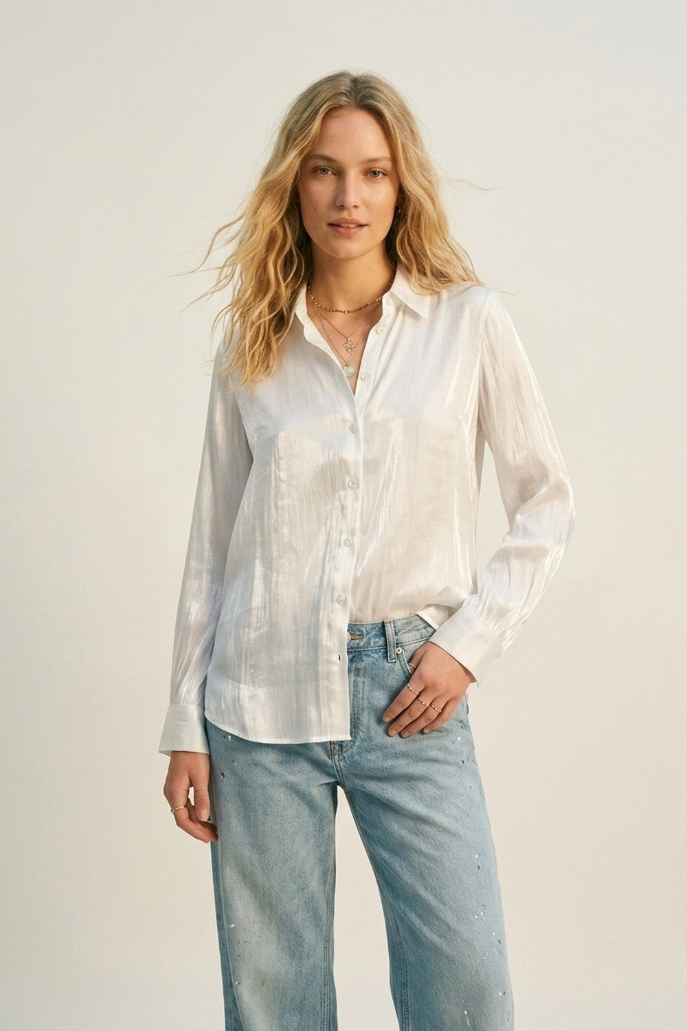White shiny satin button-down shirt - Shirts