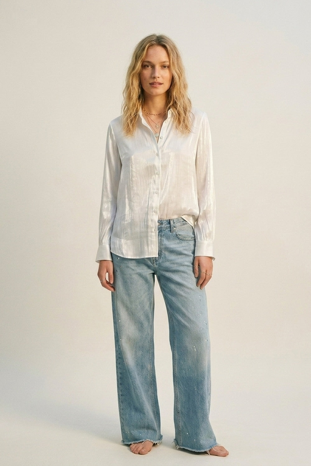 White shiny satin button-down shirt - Shirts