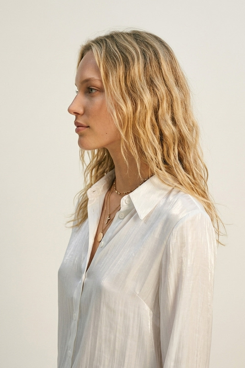 White shiny satin button-down shirt - Shirts