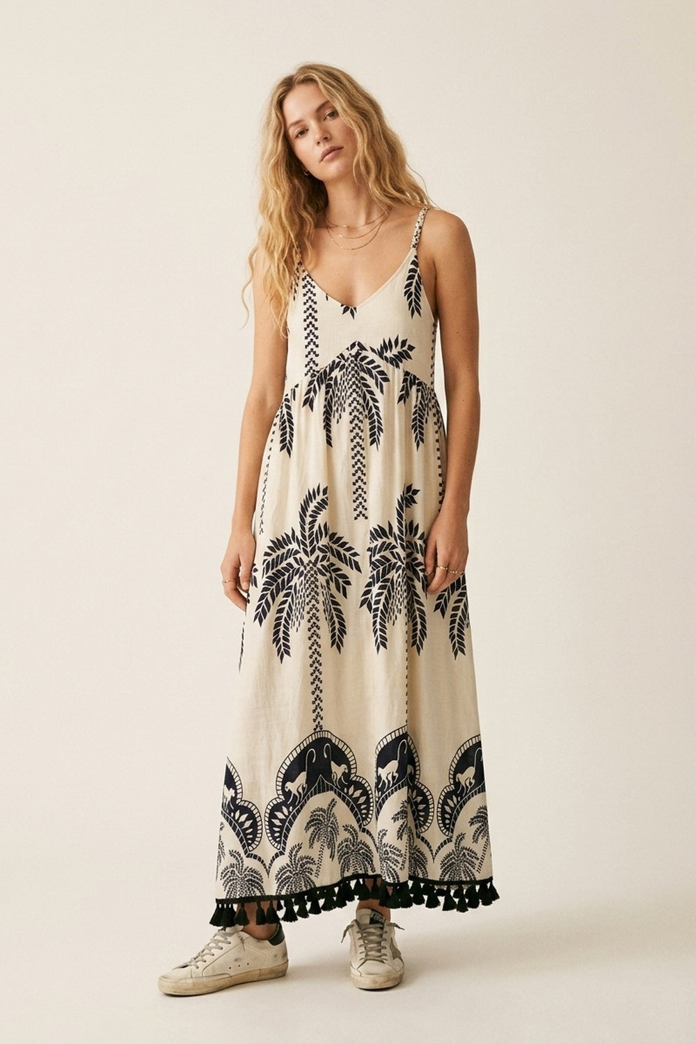 Cream Maxi Dress with navy Palm Print and Tassels - dress