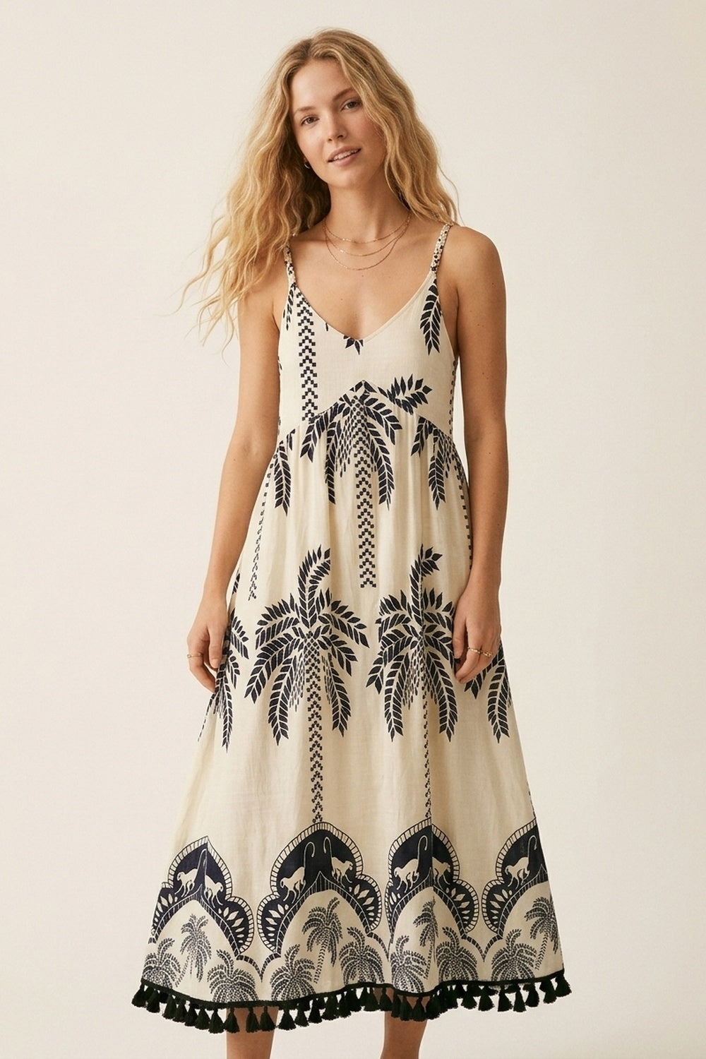 Cream Maxi Dress with navy Palm Print and Tassels - dress