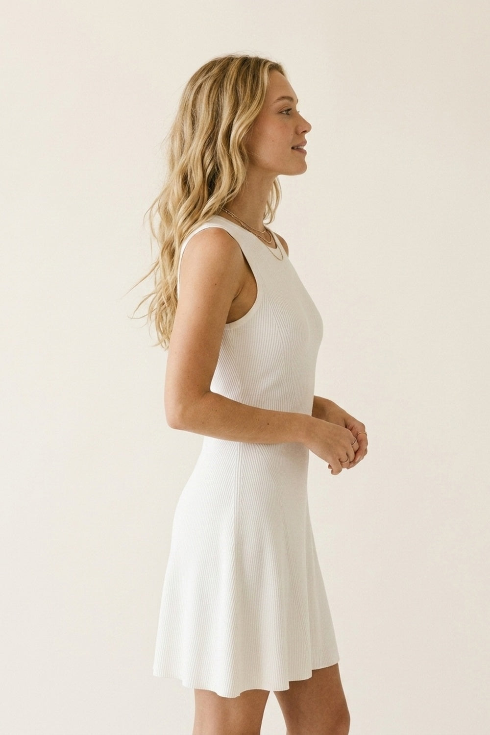 White Ribbed Knit Sleeveless Fit and Flare Dress - dress