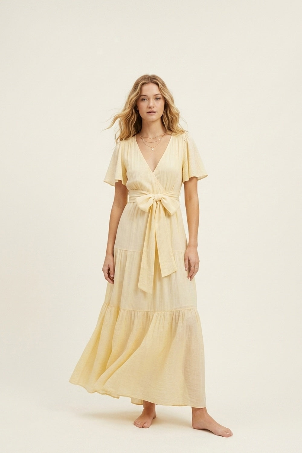 Yellow Maxi Dress with Waist Tie and Flutter Sleeves - dress