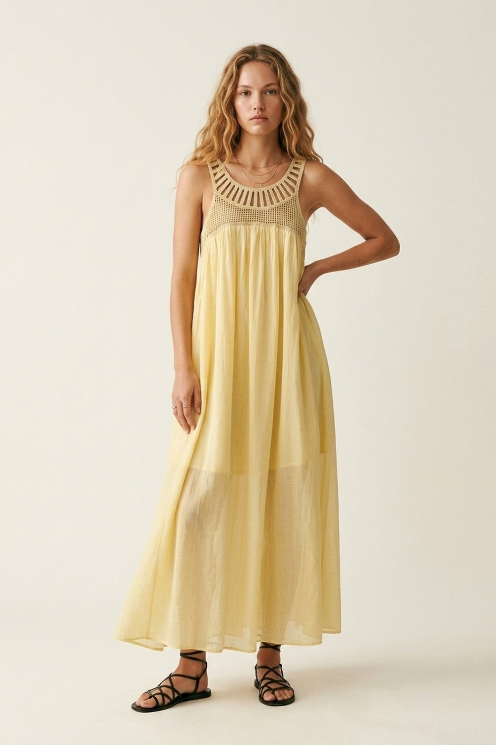 Yellow Crochet Yoke Maxi Dress with Flowing Skirt - dress