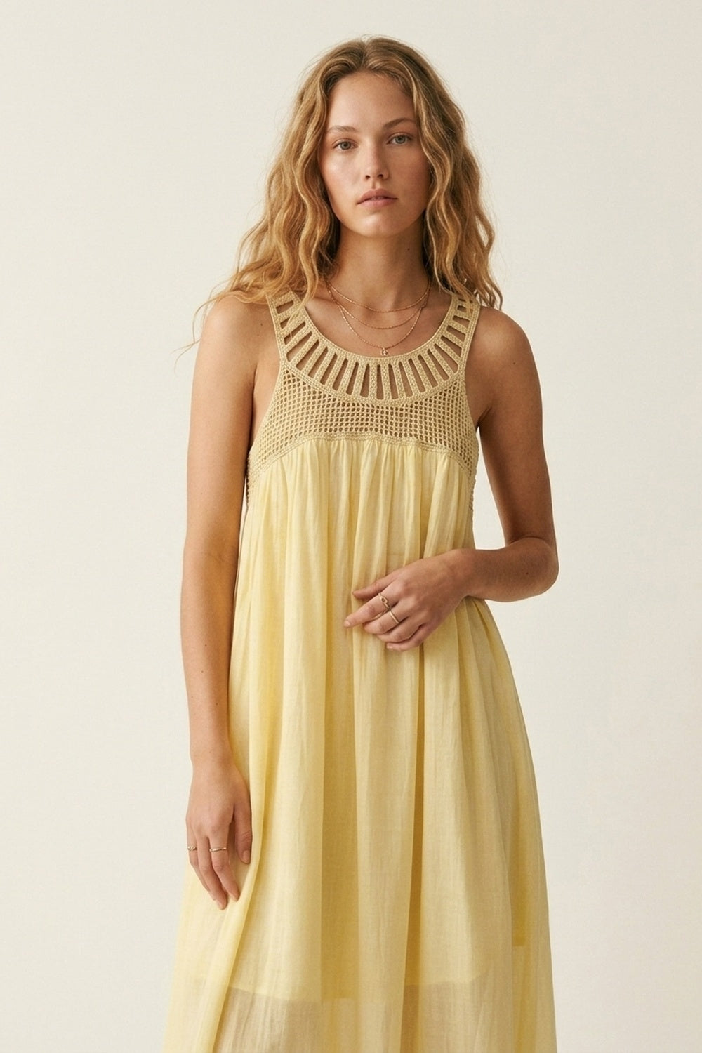 Yellow Crochet Yoke Maxi Dress with Flowing Skirt - dress