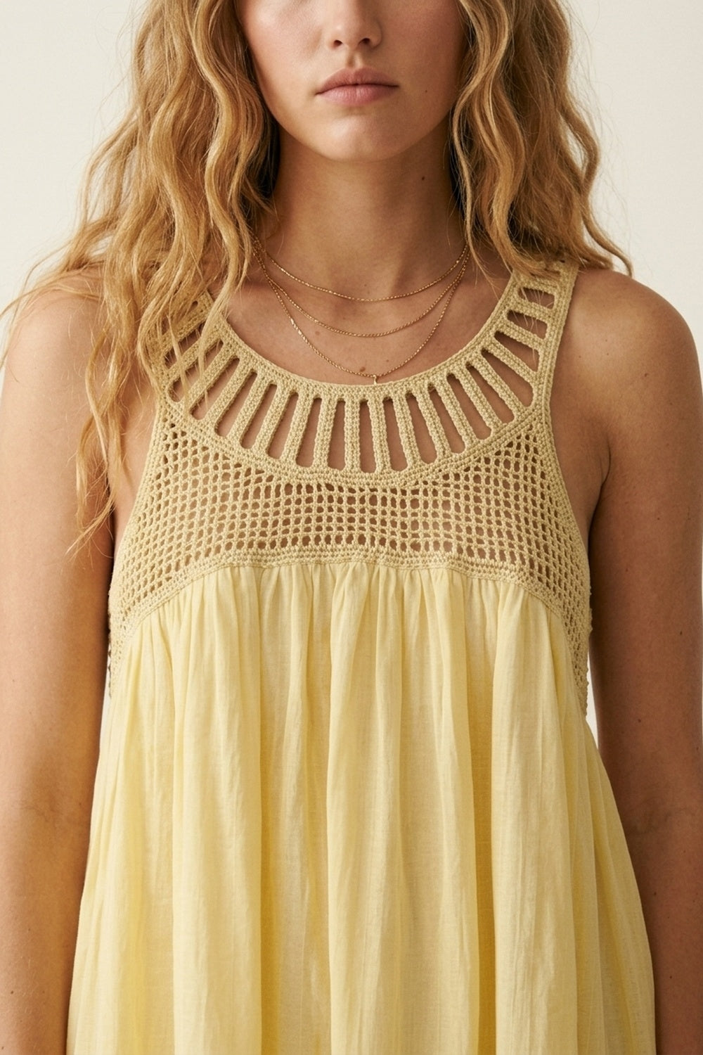 Yellow Crochet Yoke Maxi Dress with Flowing Skirt - dress