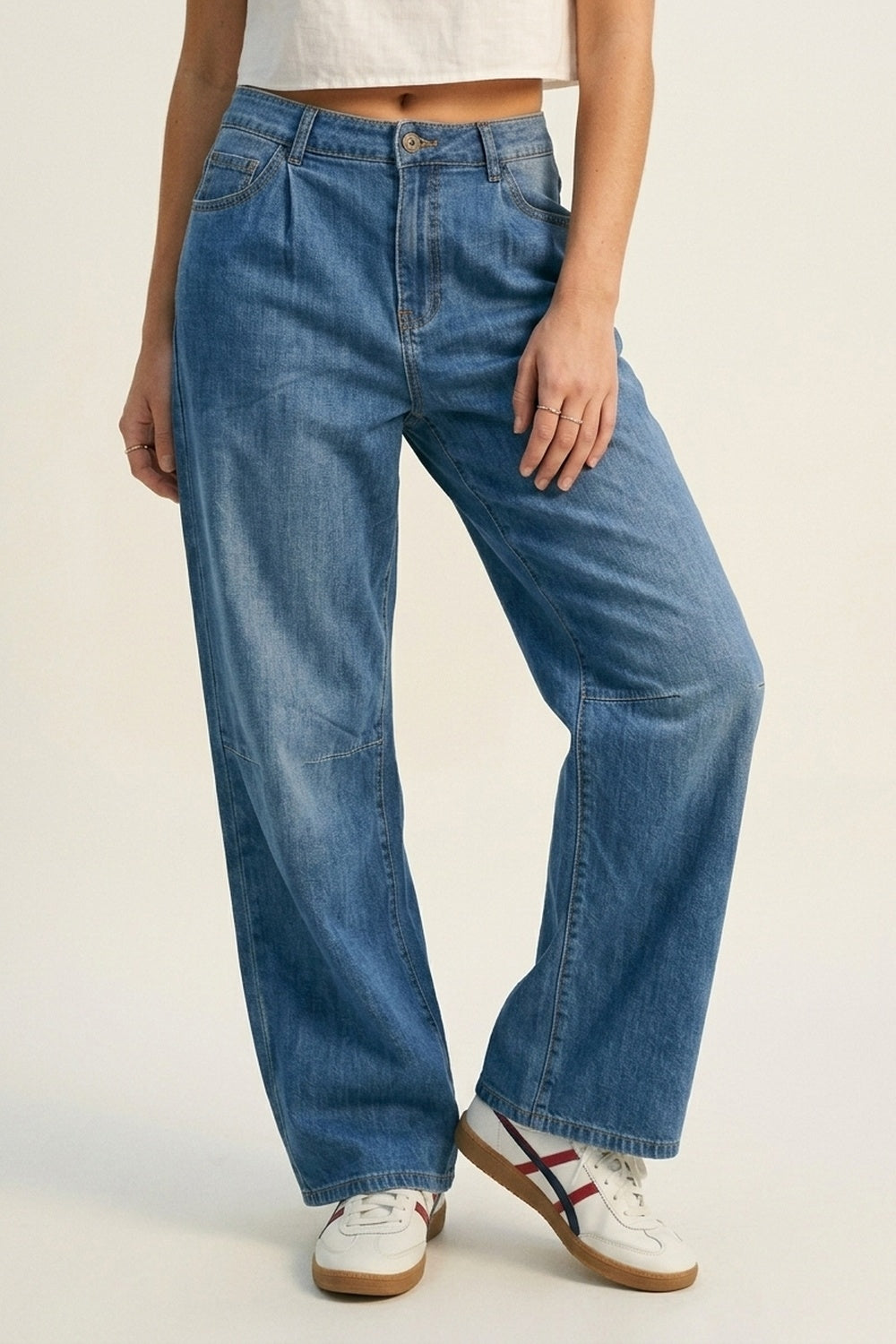 Lightweight Denim Wide-Leg Jeans with Curved Seam Detail - Denim