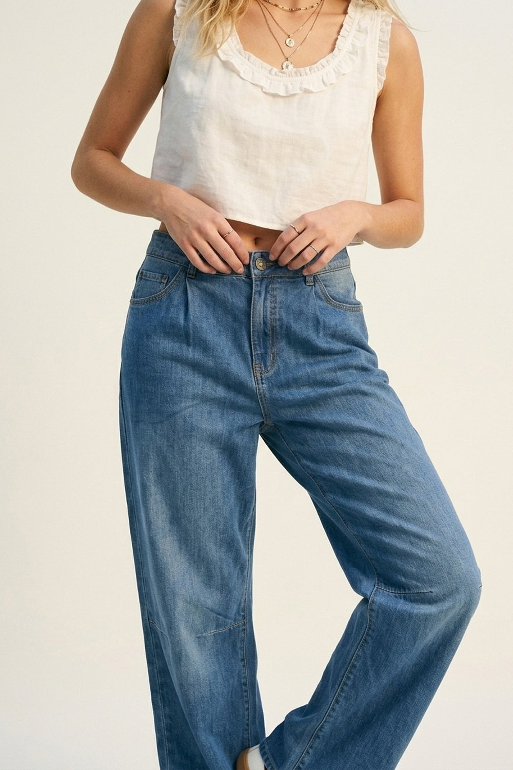 Lightweight Denim Wide-Leg Jeans with Curved Seam Detail - Denim