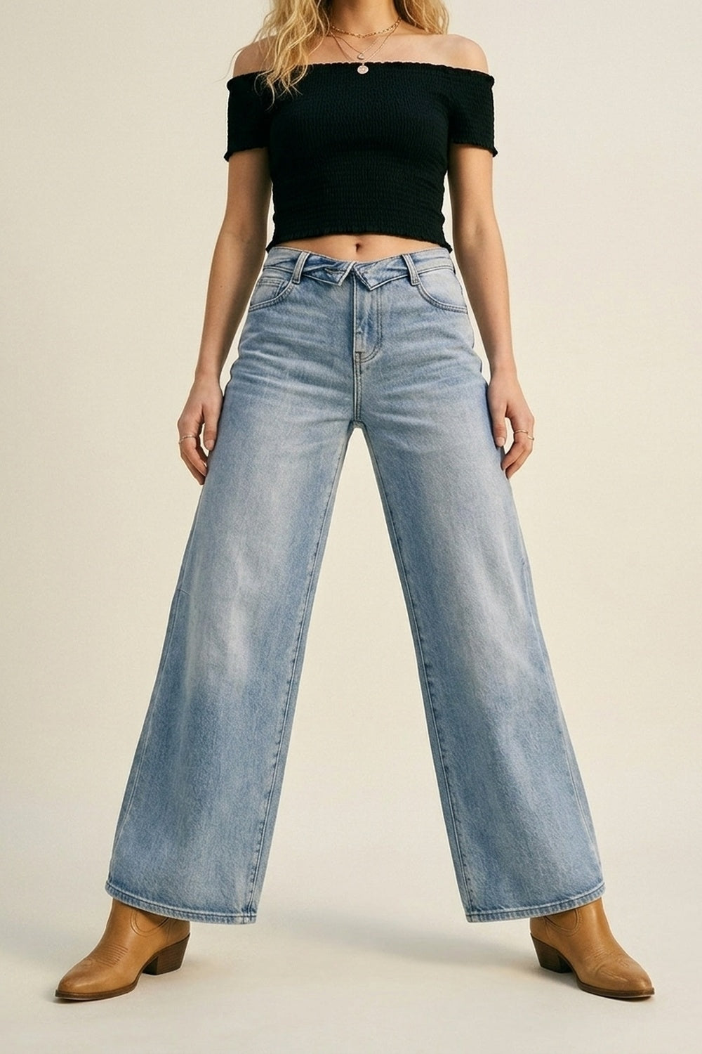 Light Blue Wide-Leg Vintage Wash Jeans with Belt - Denim