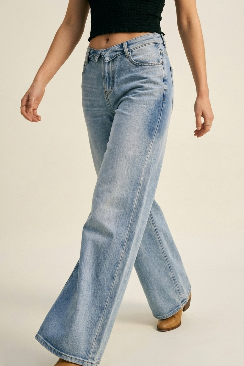 Light Blue Wide-Leg Vintage Wash Jeans with Belt - Denim