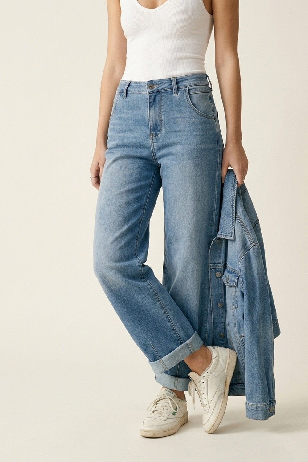 Mid-Wash Curved-Leg Jeans with Folded Hem Seam - Denim