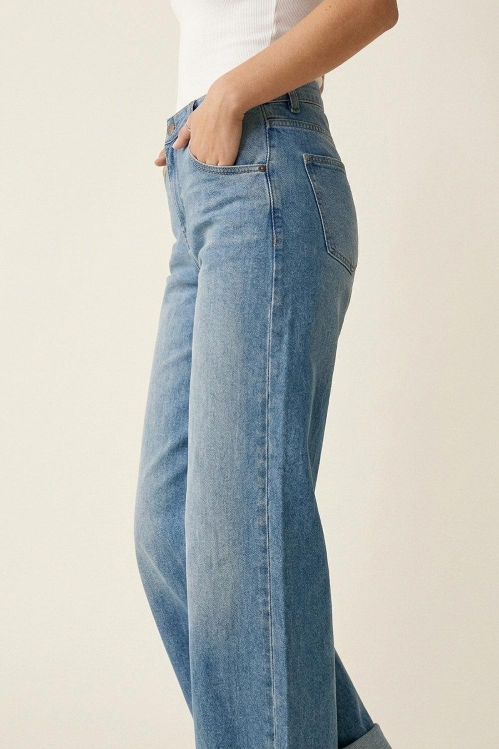 Mid-Wash Curved-Leg Jeans with Folded Hem Seam - Denim