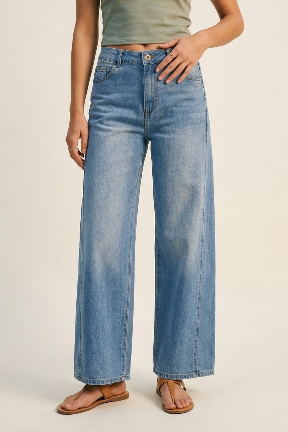 Blue Wide-Leg Light Wash Denim Jeans with side seams - Denim