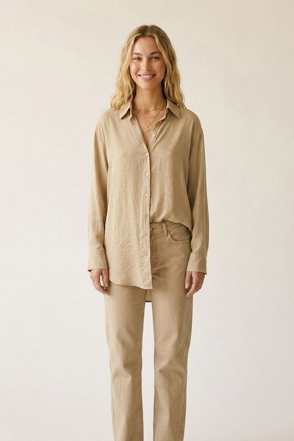 Beige Button-Front Long Sleeve Shirt Dress in shiny satin - Shirts