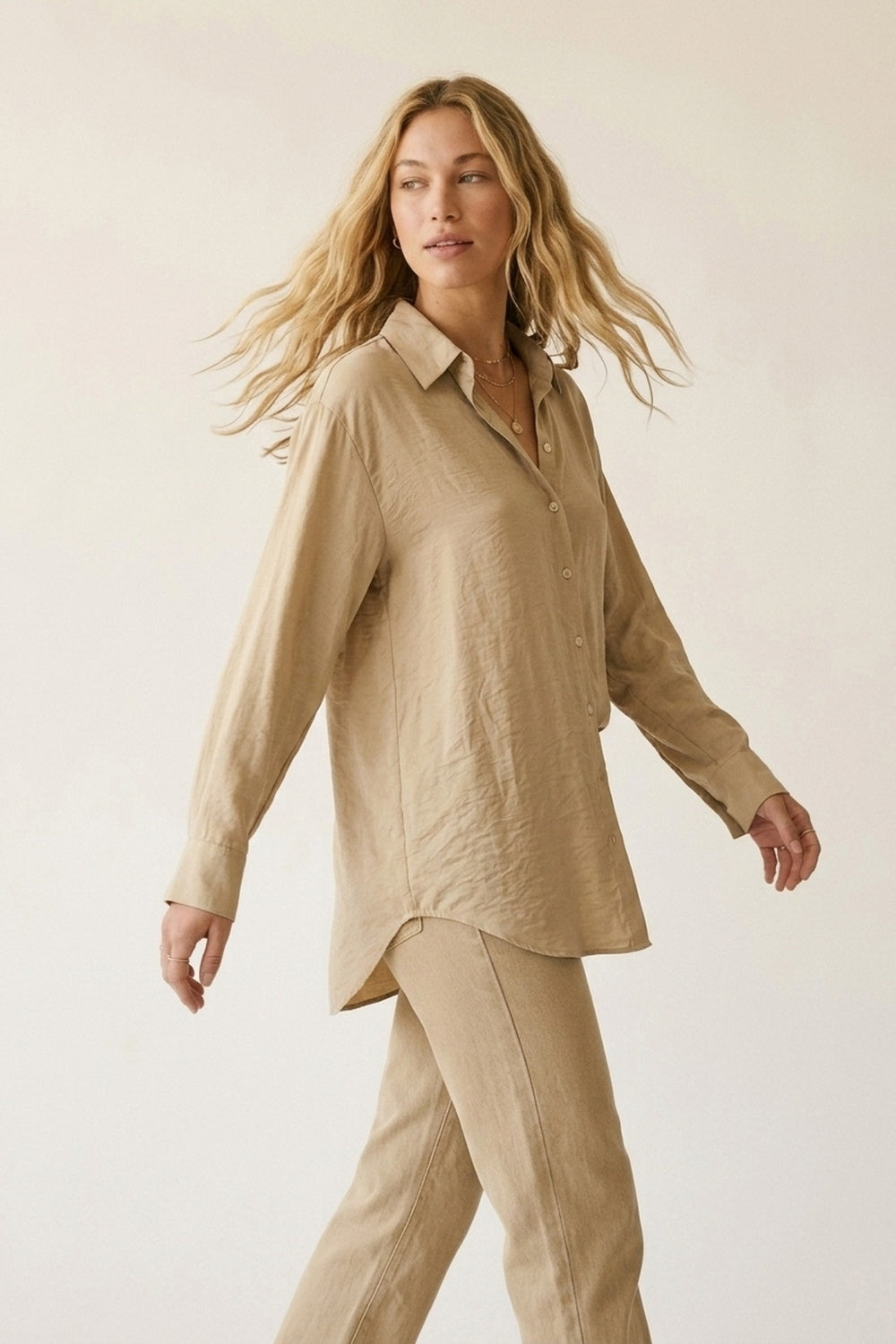 Beige Button-Front Long Sleeve Shirt Dress in shiny satin - Shirts