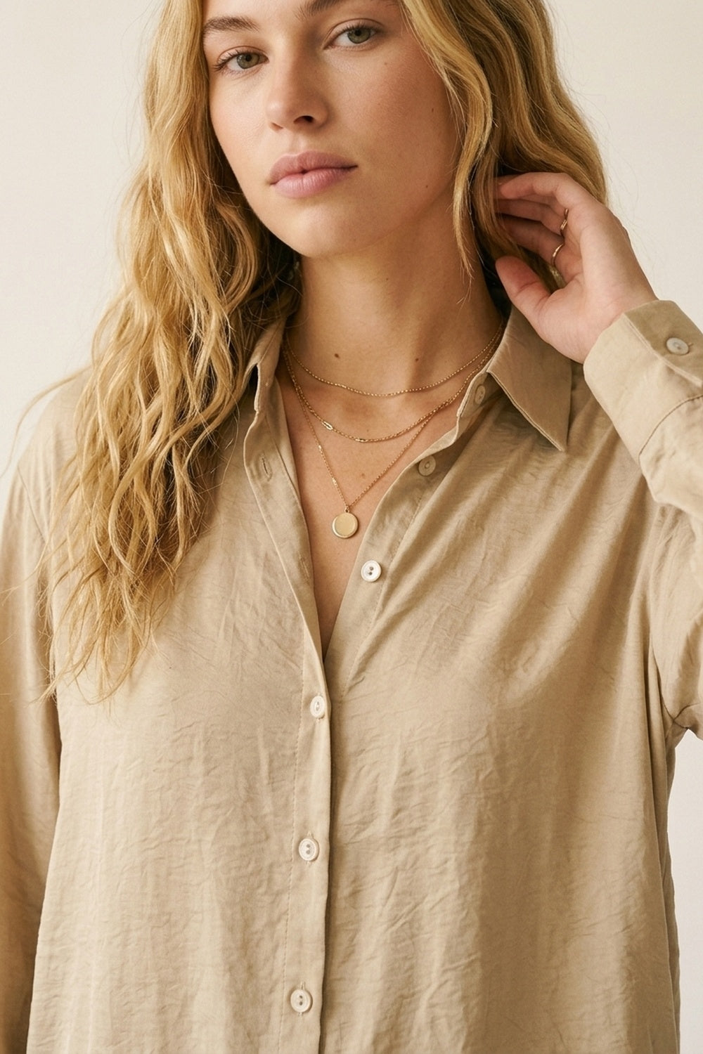 Beige Button-Front Long Sleeve Shirt Dress in shiny satin - Shirts