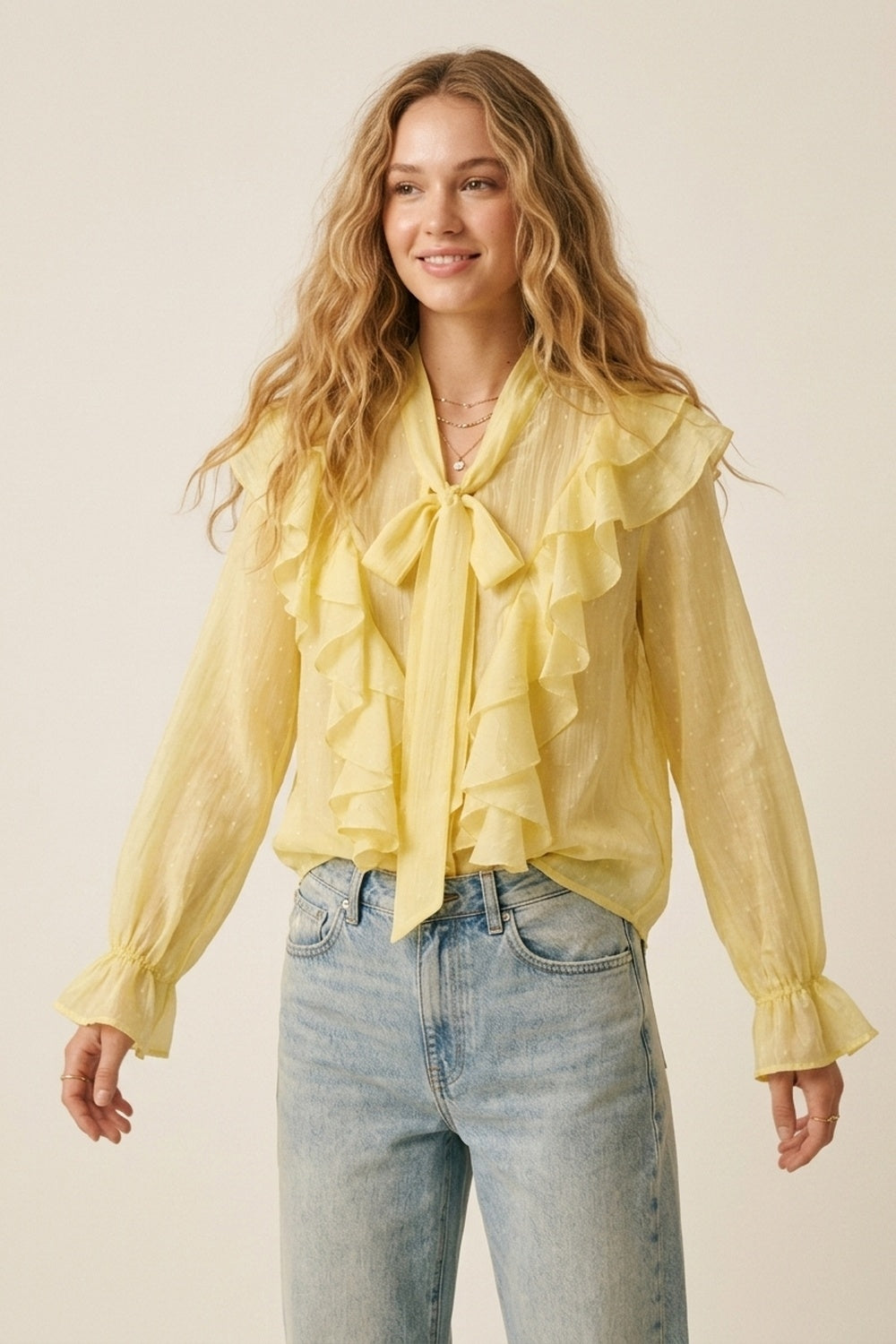 Yellow Ruffled Sheer Blouse with Bow Neck Tie