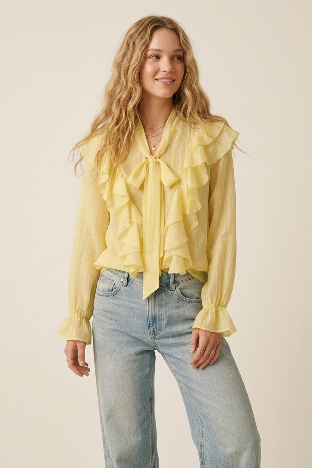 Yellow Ruffled Sheer Blouse with Bow Neck Tie - Shirts