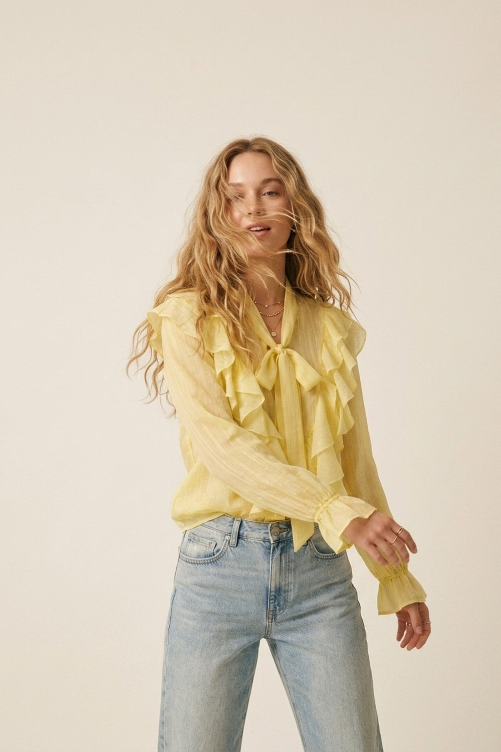 Yellow Ruffled Sheer Blouse with Bow Neck Tie - Shirts