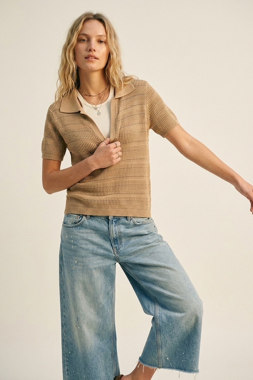 Camel Textured Knit Polo with V-Neck Collar - jumper