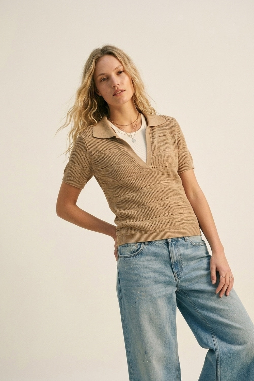 Camel Textured Knit Polo with V-Neck Collar - jumper
