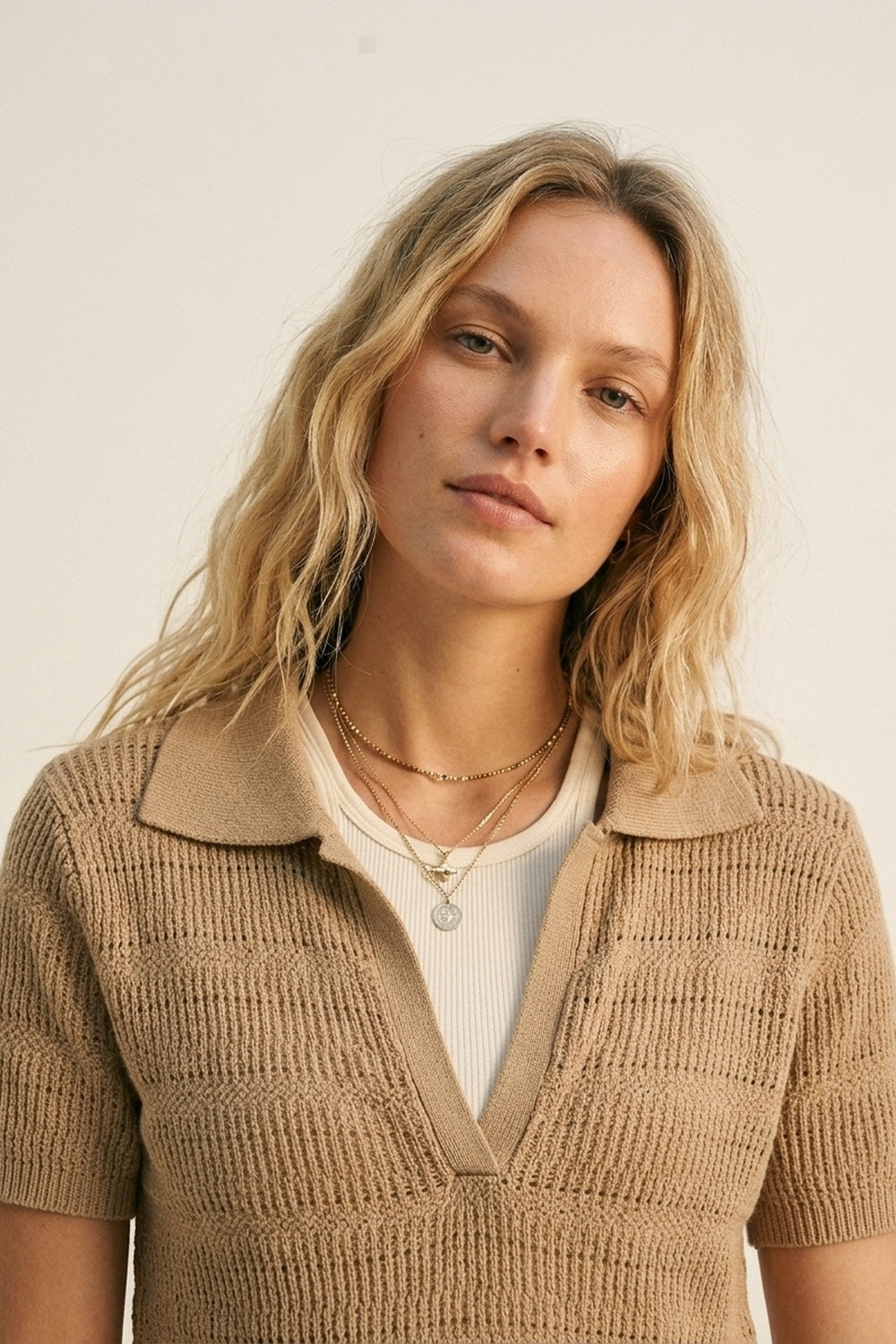 Camel Textured Knit Polo with V-Neck Collar - jumper