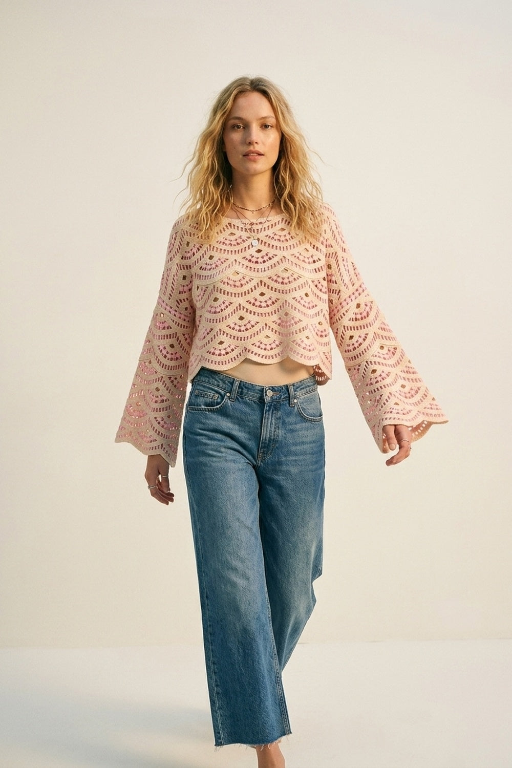 Beige Pink Crochet Geo Pattern Scallop Hem Wide Sleeve Top
