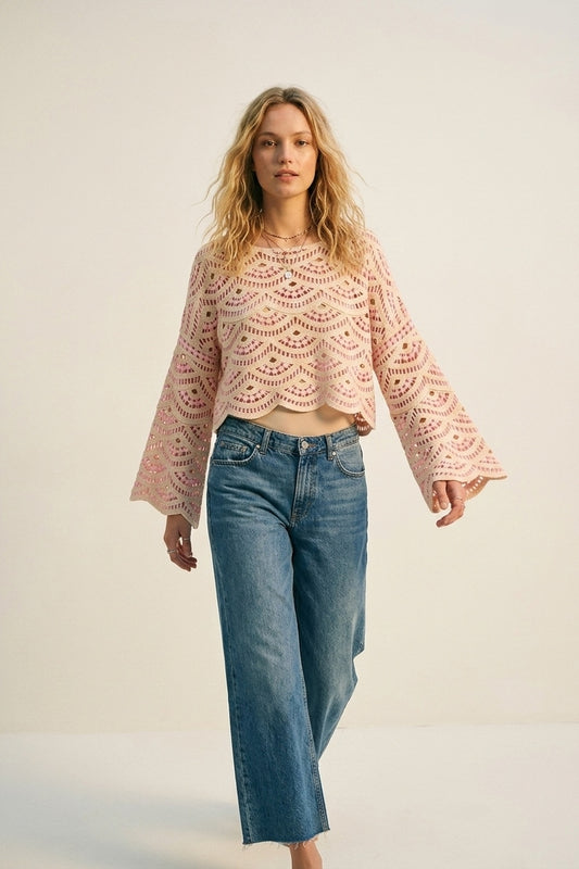 Beige Pink Crochet Geo Pattern Scallop Hem Wide Sleeve Top - jumper