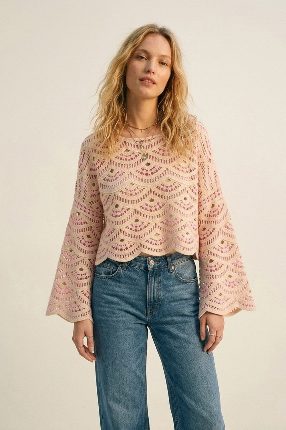 Beige Pink Crochet Geo Pattern Scallop Hem Wide Sleeve Top