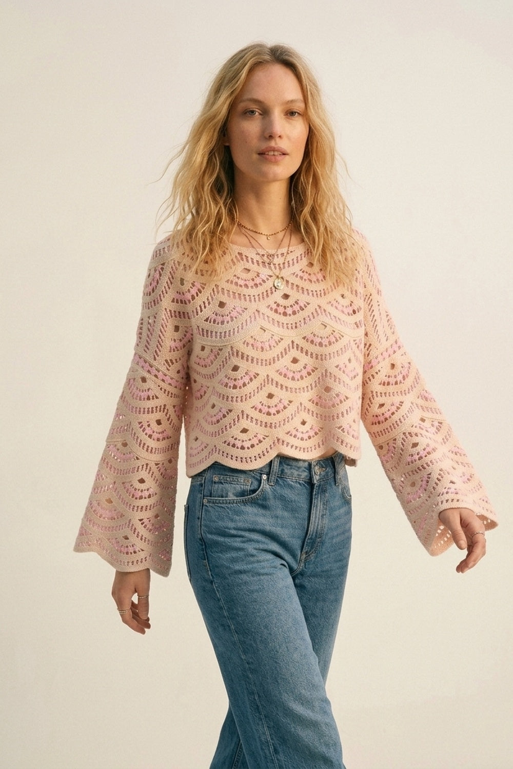 Beige Pink Crochet Geo Pattern Scallop Hem Wide Sleeve Top