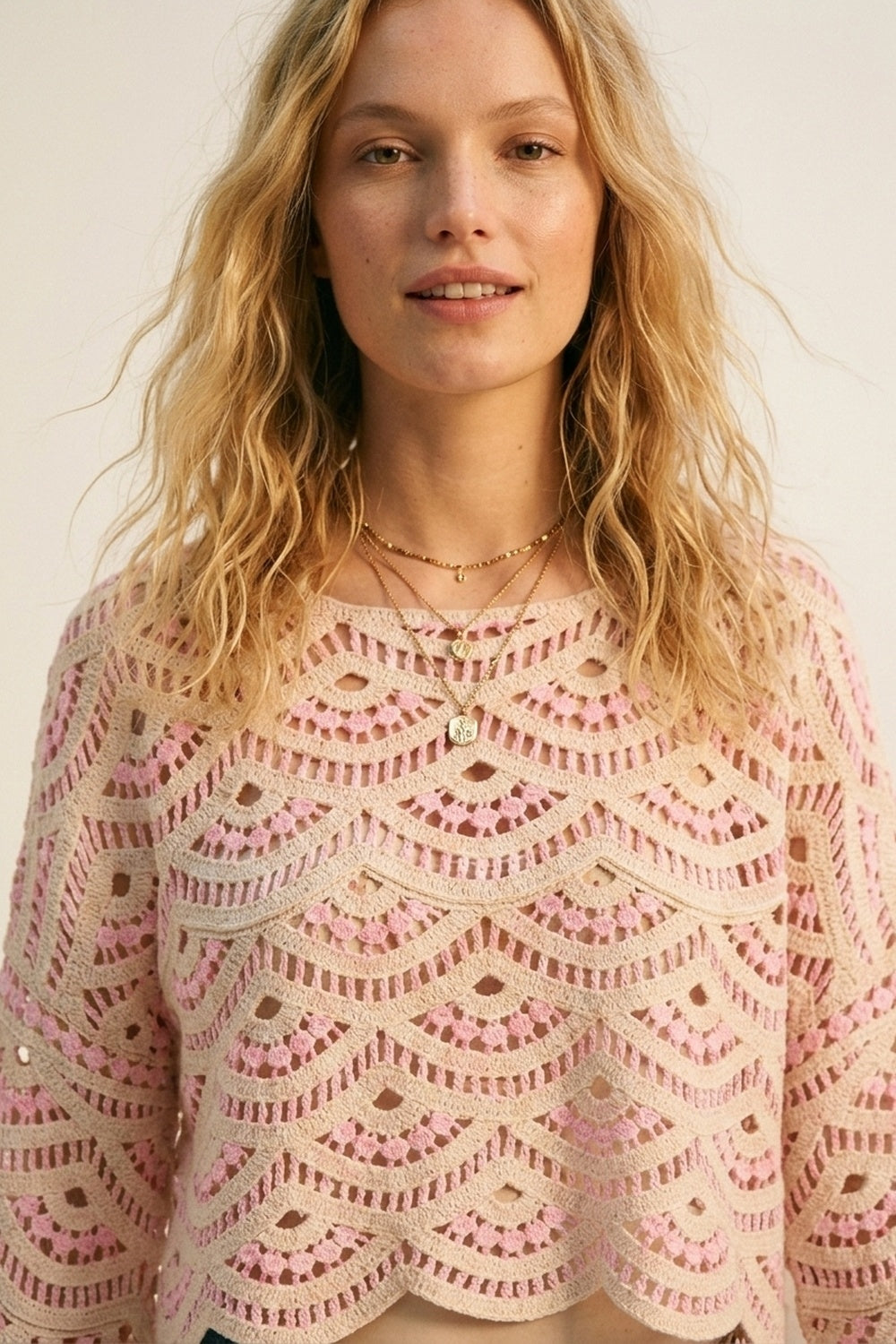 Beige Pink Crochet Geo Pattern Scallop Hem Wide Sleeve Top