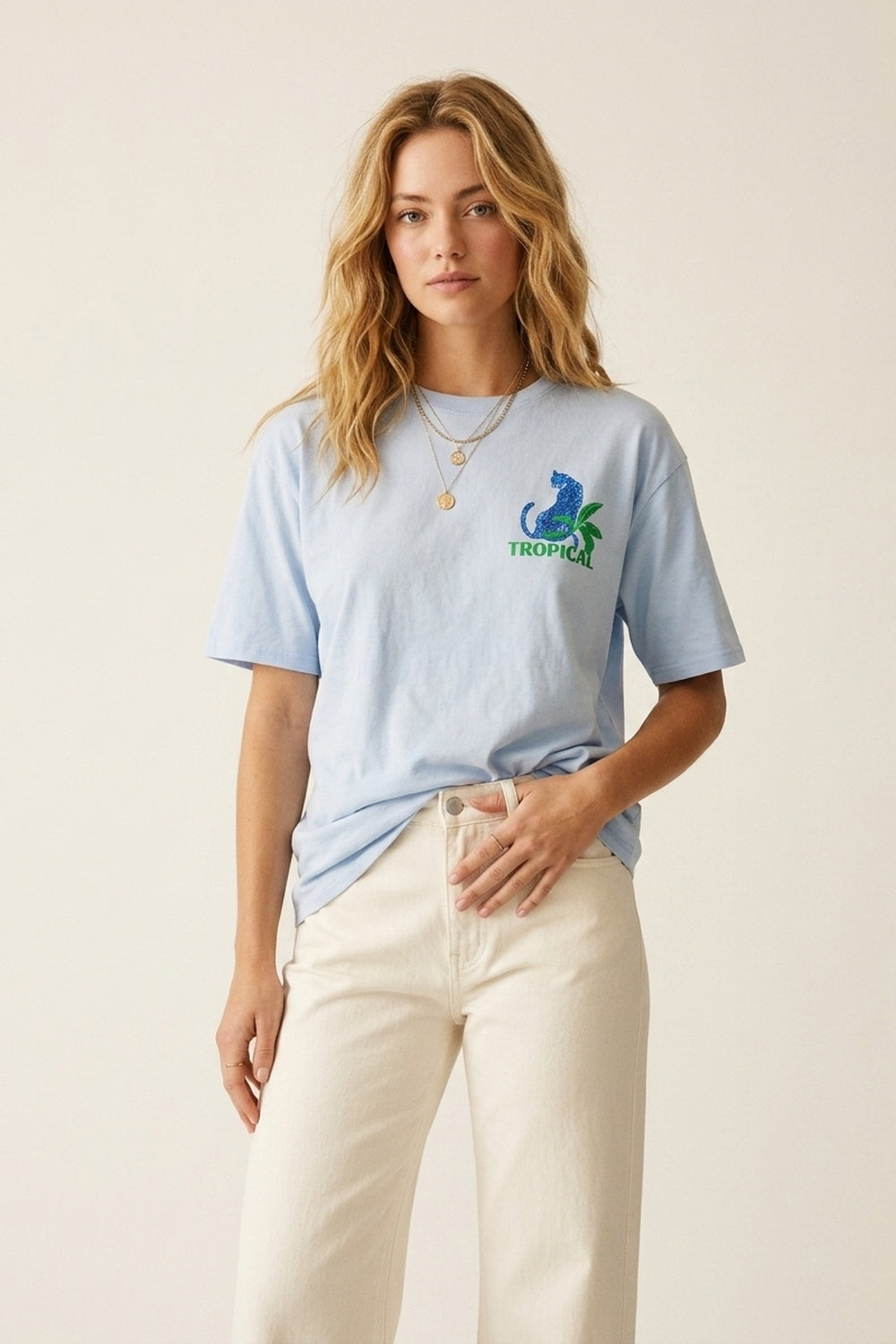 Blue t-shirt made in Italy with tropical graphic print - top