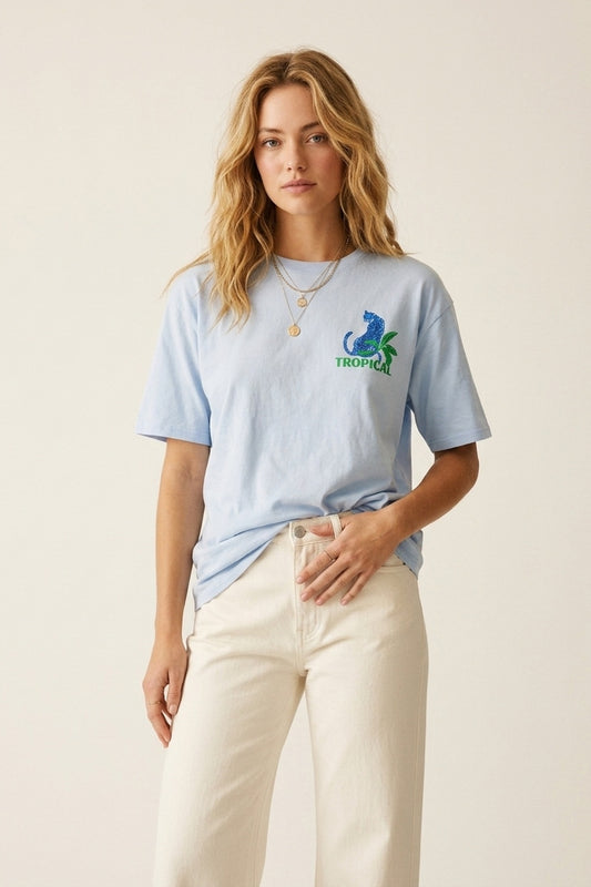 Blue t-shirt made in Italy with tropical graphic print - top