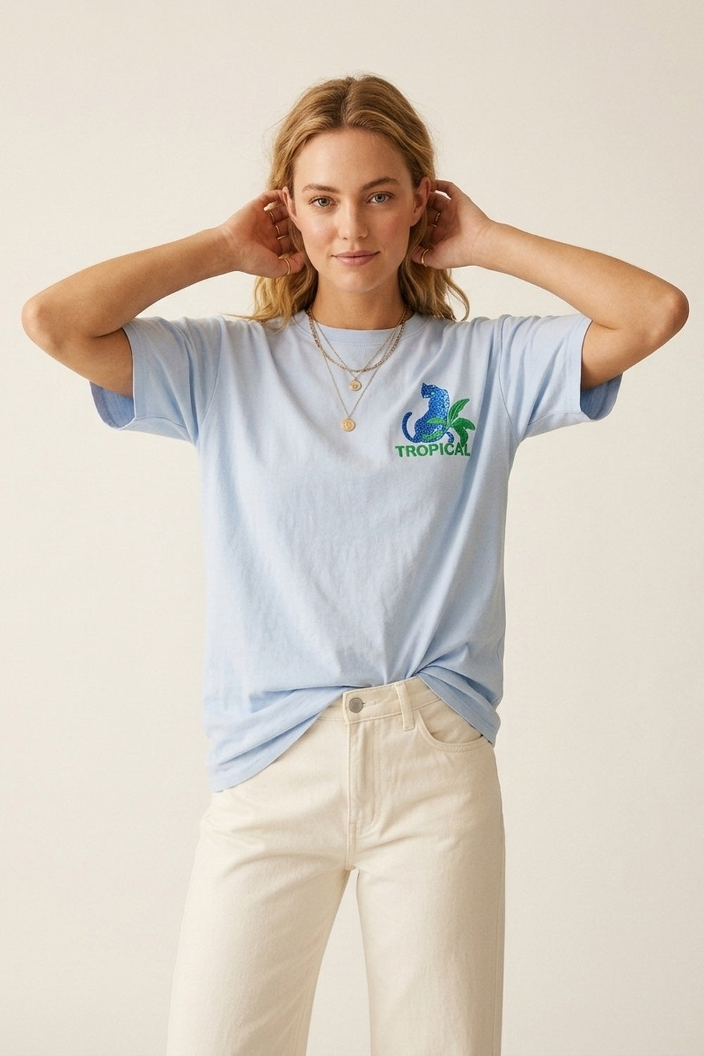 Blue t-shirt made in Italy with tropical graphic print - top