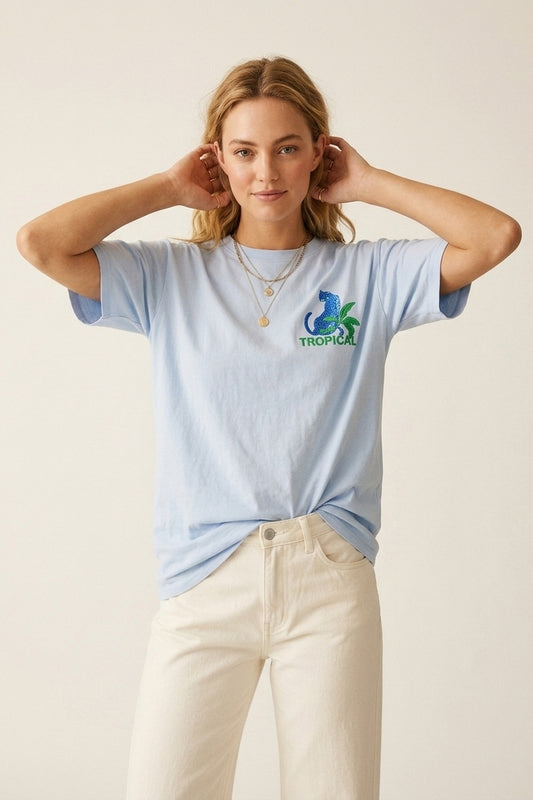 Blue t-shirt made in Italy with tropical graphic print - top
