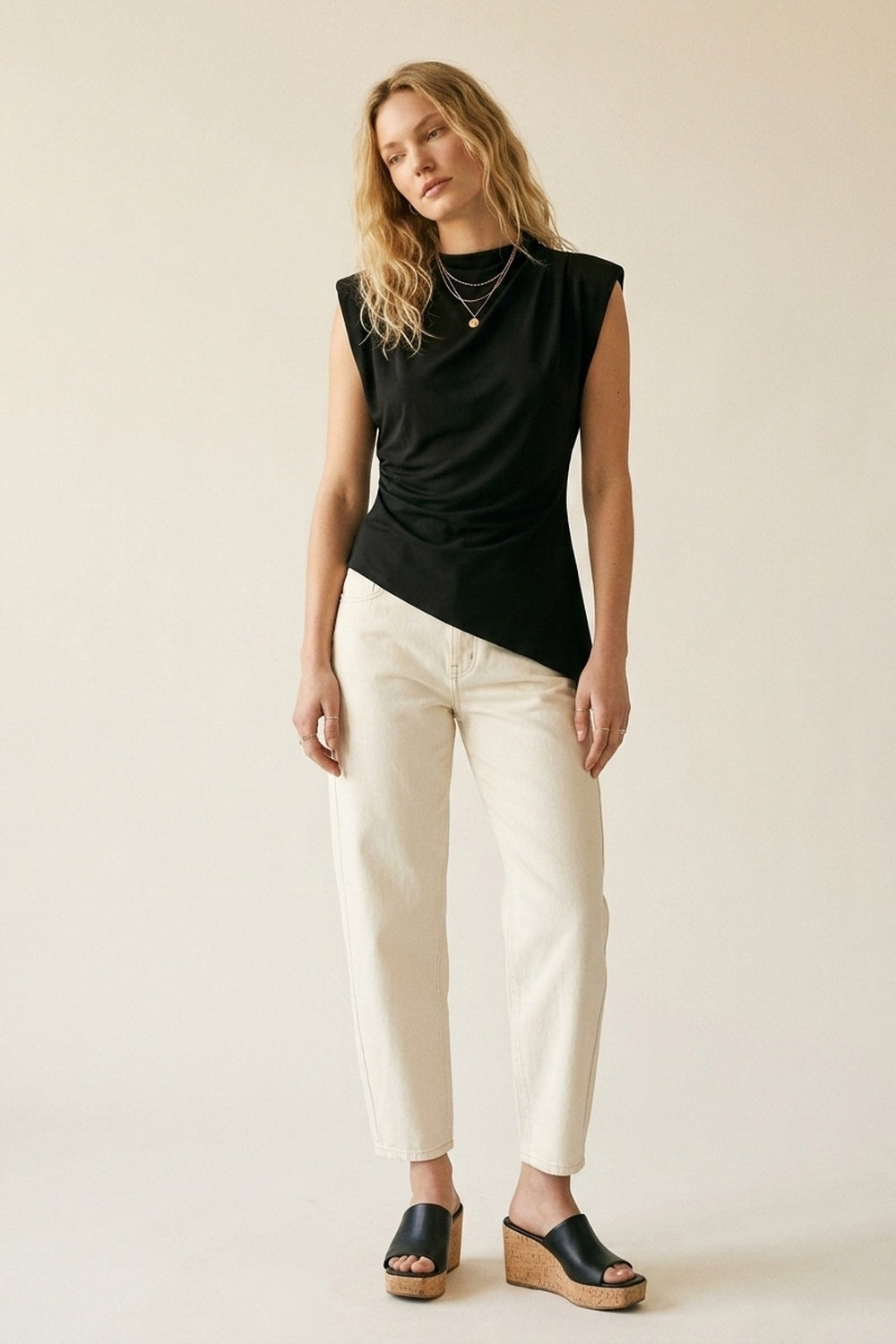 Black Lightweight Woven Asymmetric Hem Cowl Neck Sleeveless Top - top