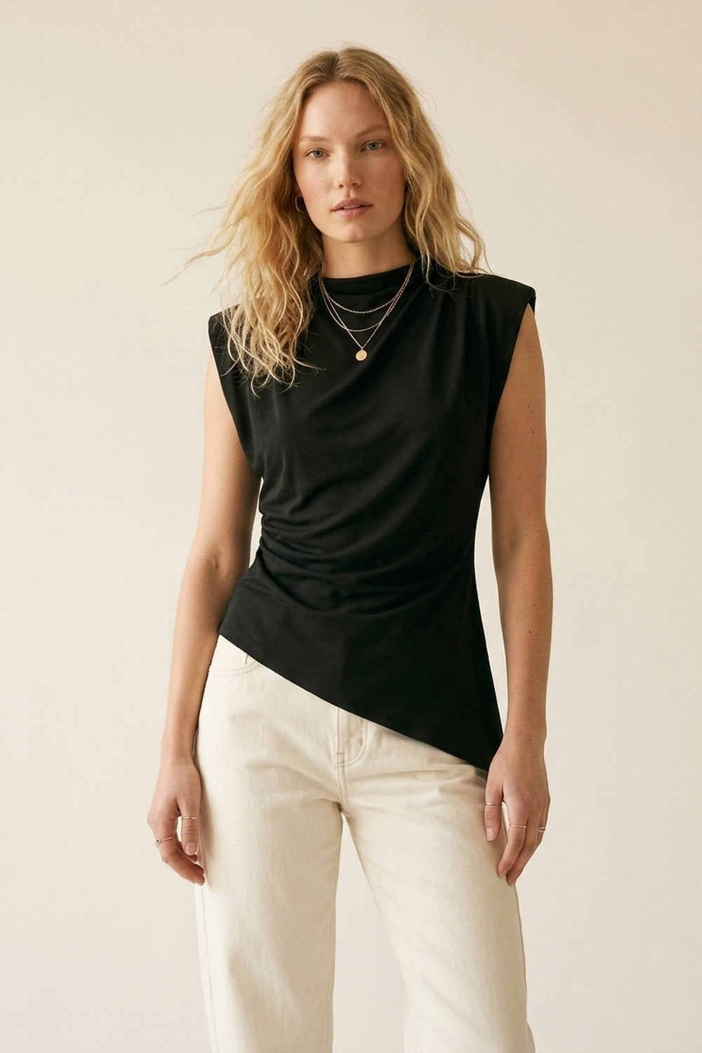 Black Lightweight Woven Asymmetric Hem Cowl Neck Sleeveless Top - top