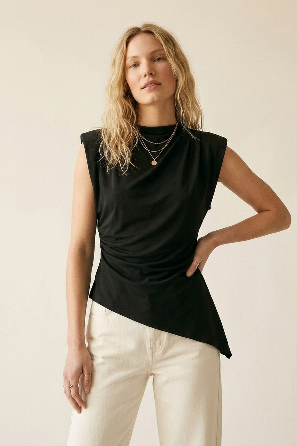Black Lightweight Woven Asymmetric Hem Cowl Neck Sleeveless Top - top