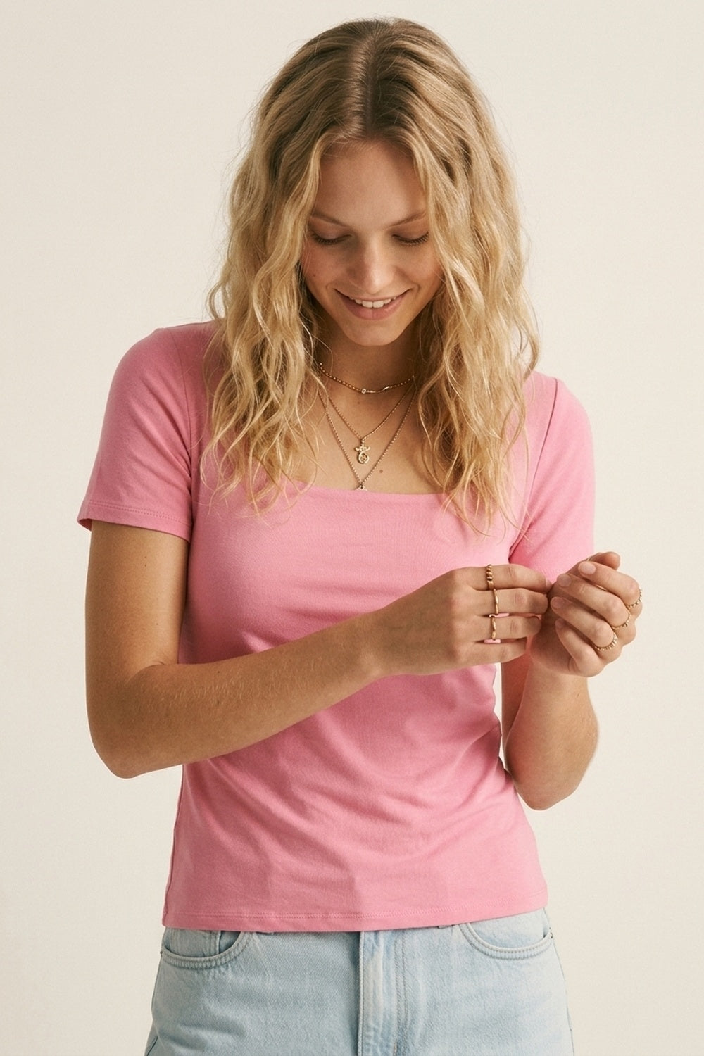 Pink Short Sleeve Square Neck Stretch Top - top
