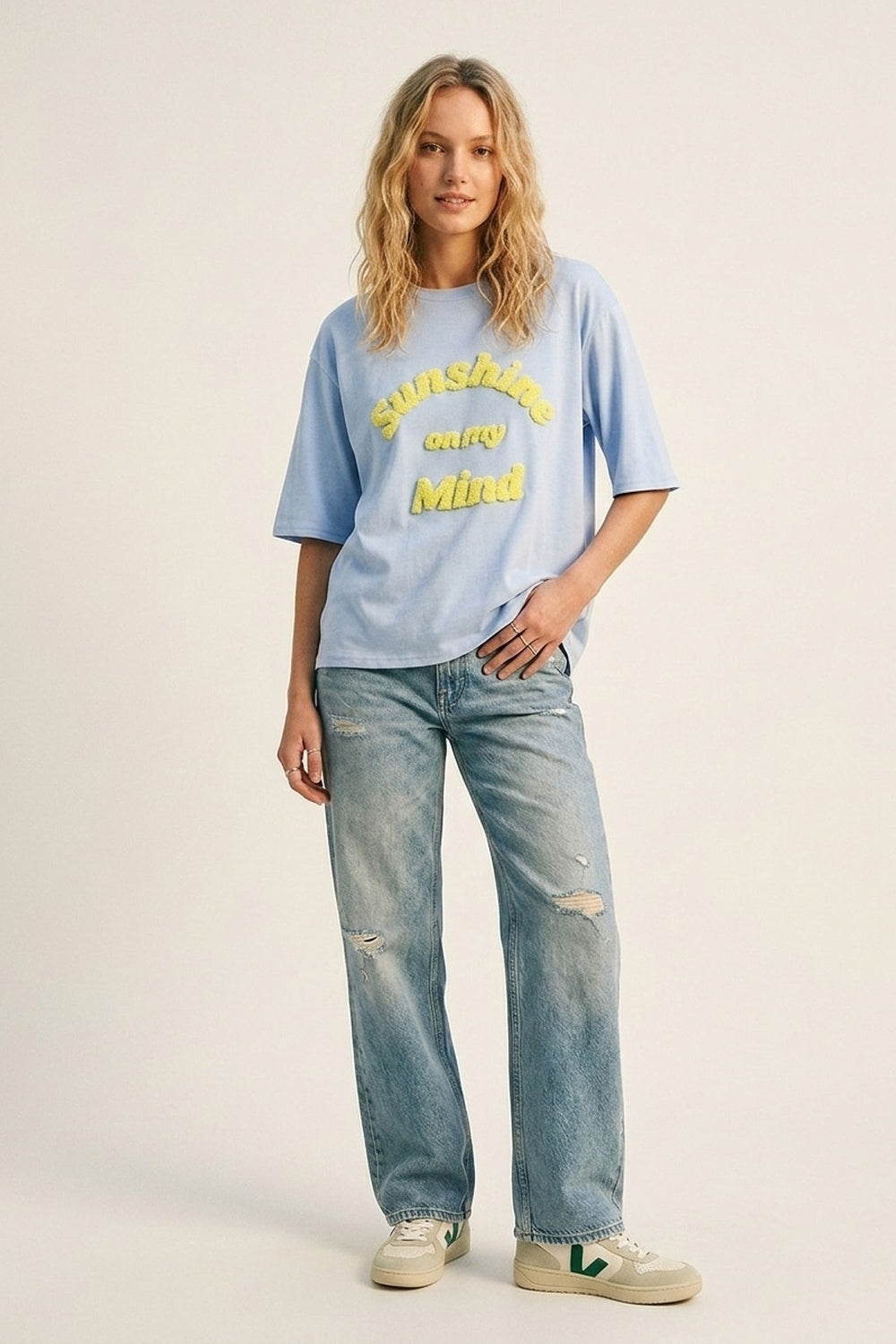 Light Blue Relaxed Fit Tee with Yellow Lettering - top