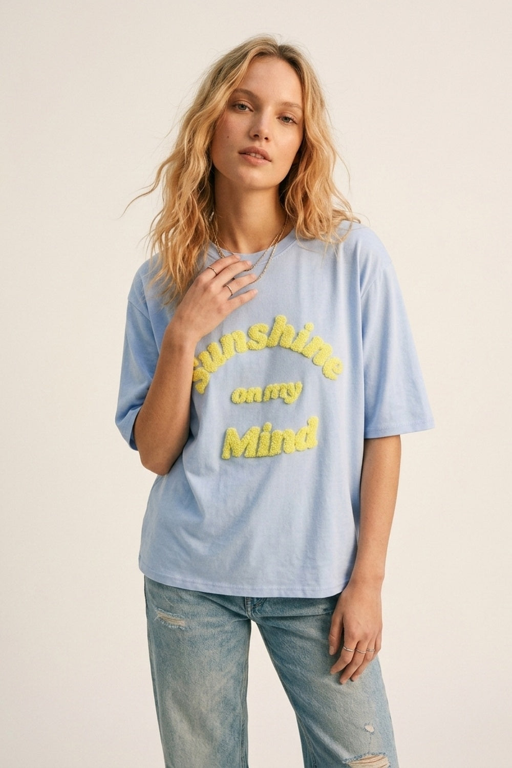 Light Blue Relaxed Fit Tee with Yellow Lettering - top