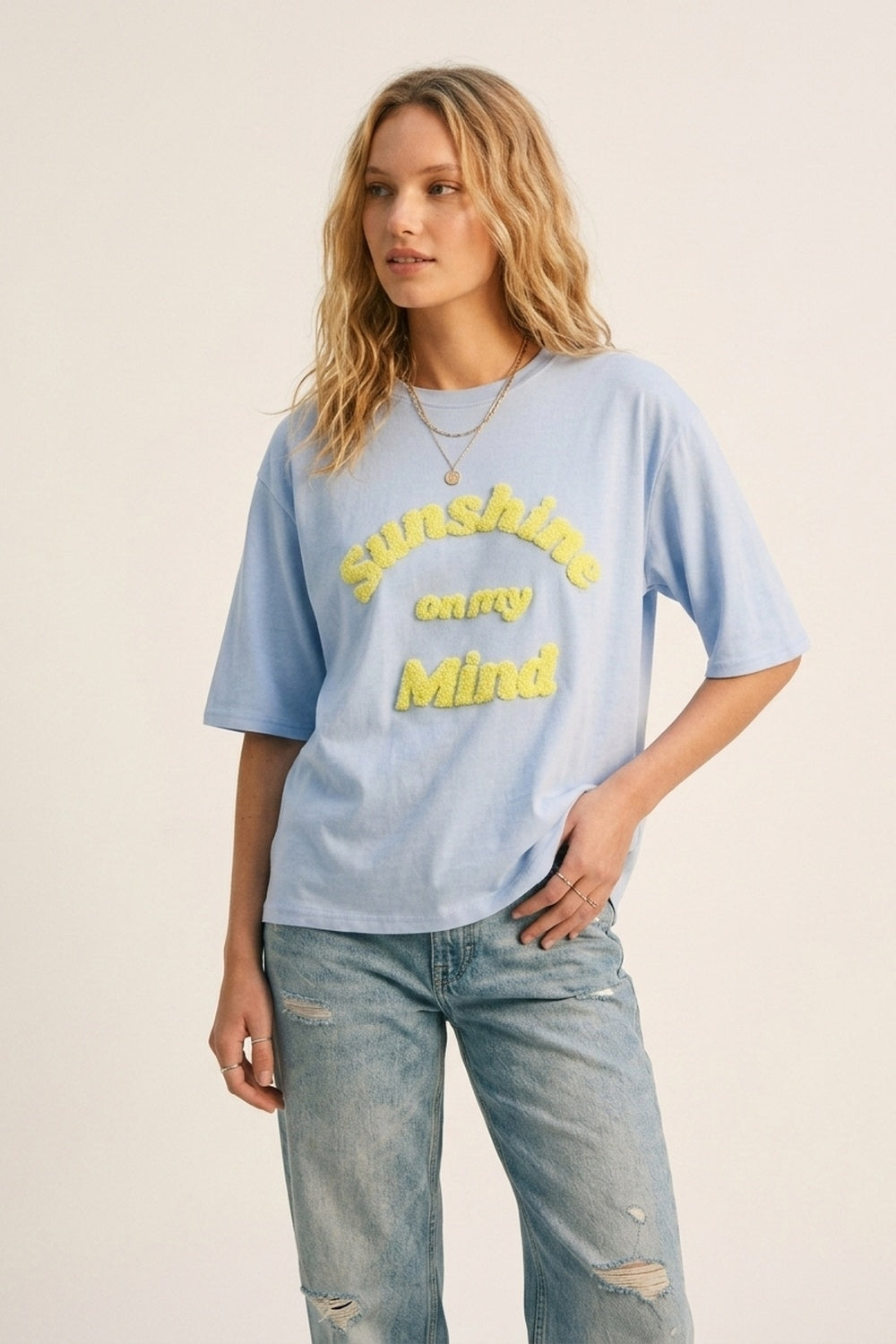 Light Blue Relaxed Fit Tee with Yellow Lettering - top