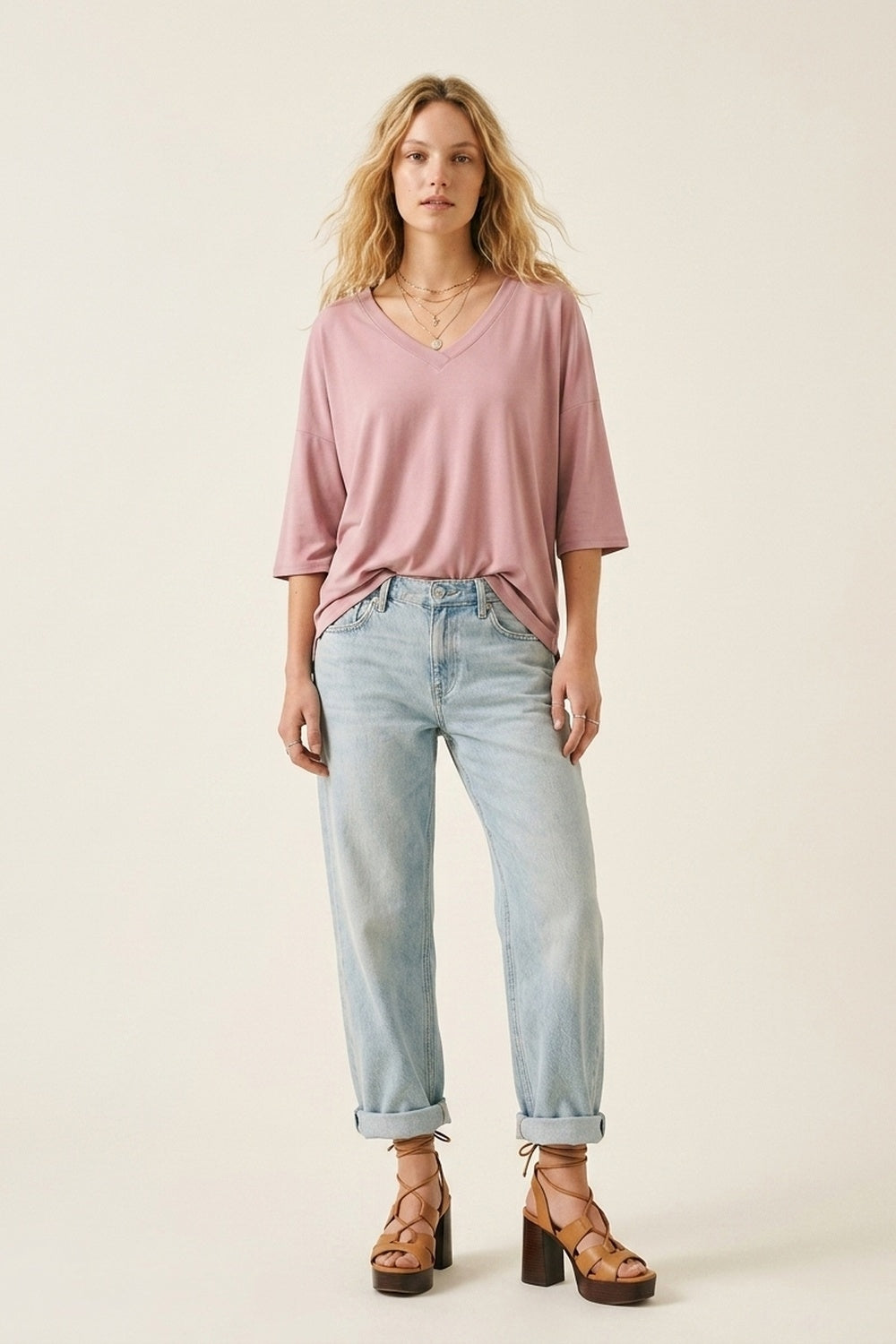 Dusty Rose V-Neck Relaxed Fit Top with 3/4 Sleeves - top
