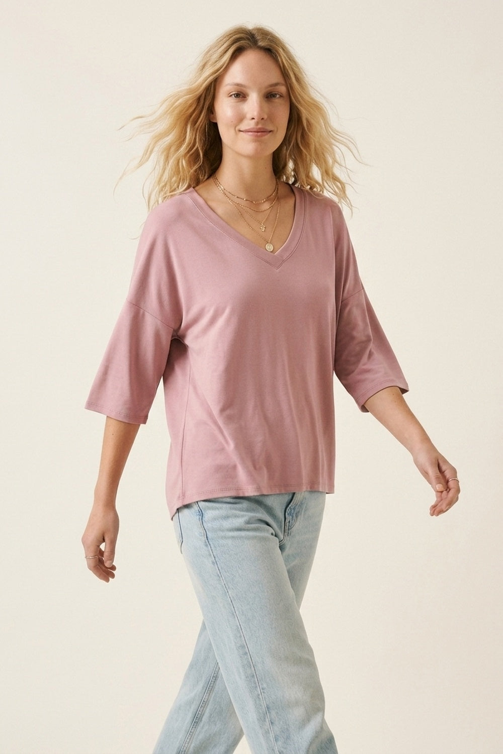 Dusty Rose V-Neck Relaxed Fit Top with 3/4 Sleeves - top