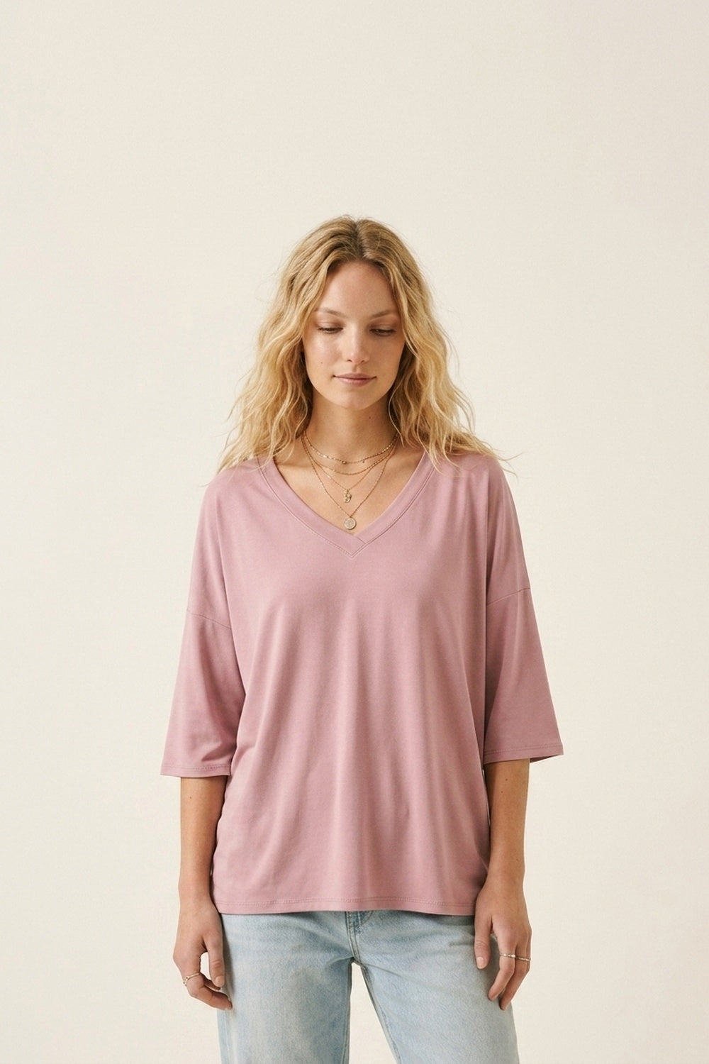 Dusty Rose V-Neck Relaxed Fit Top with 3/4 Sleeves - top