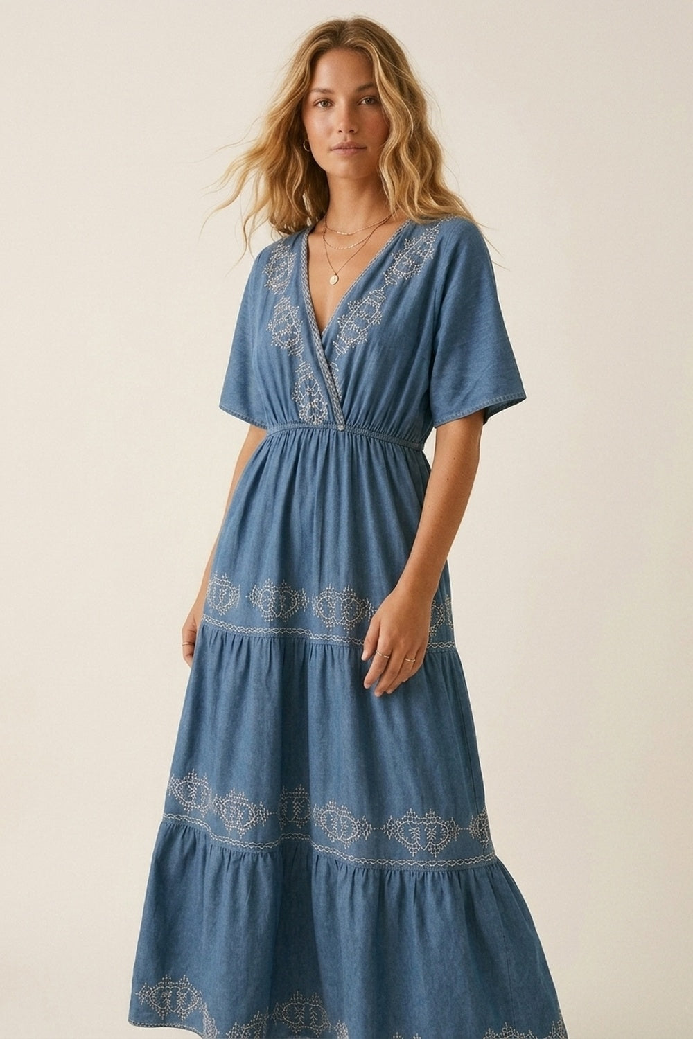 Blue Embroidered Maxi Dress with V-Neckline - dress