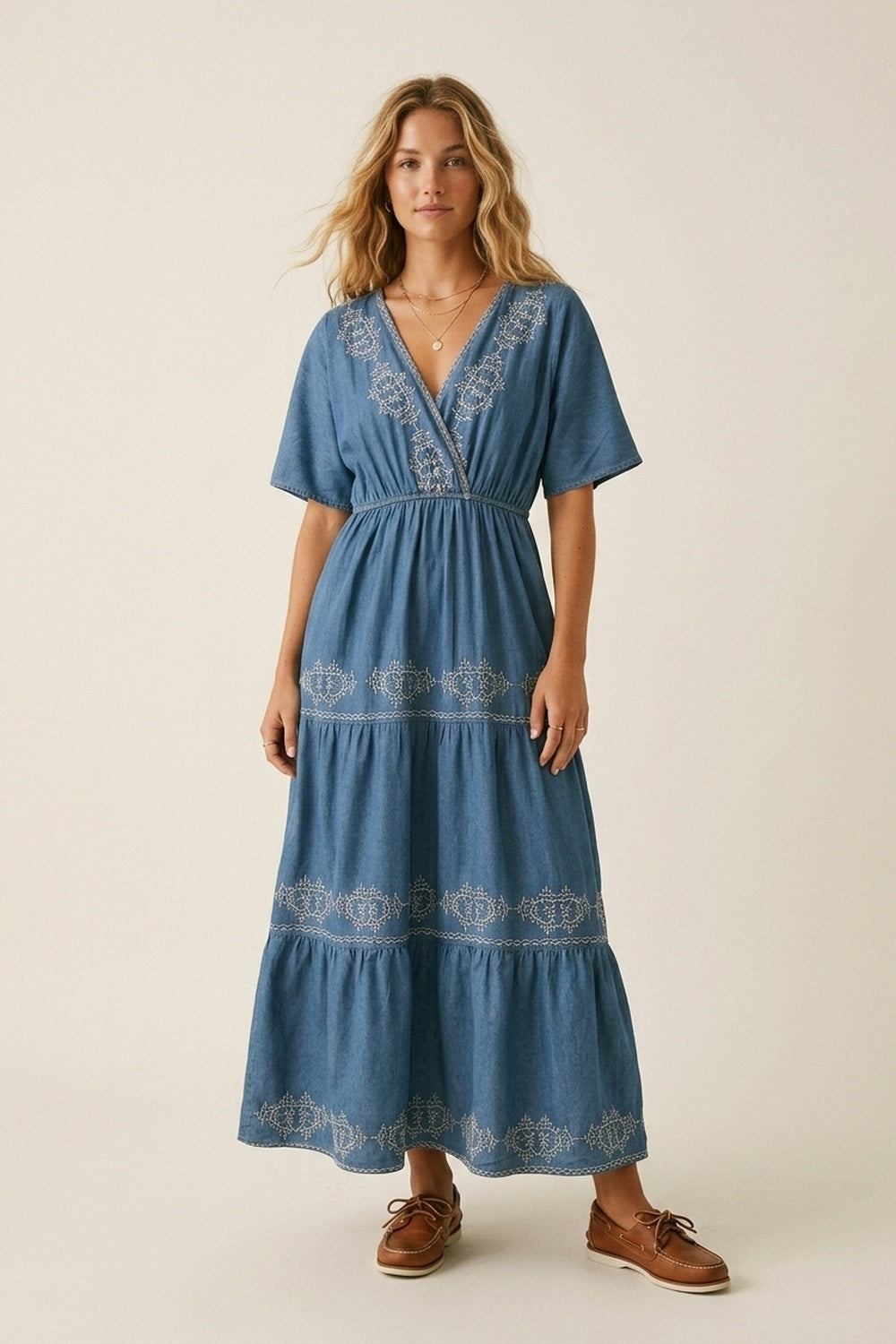 Blue Embroidered Maxi Dress with V-Neckline - dress