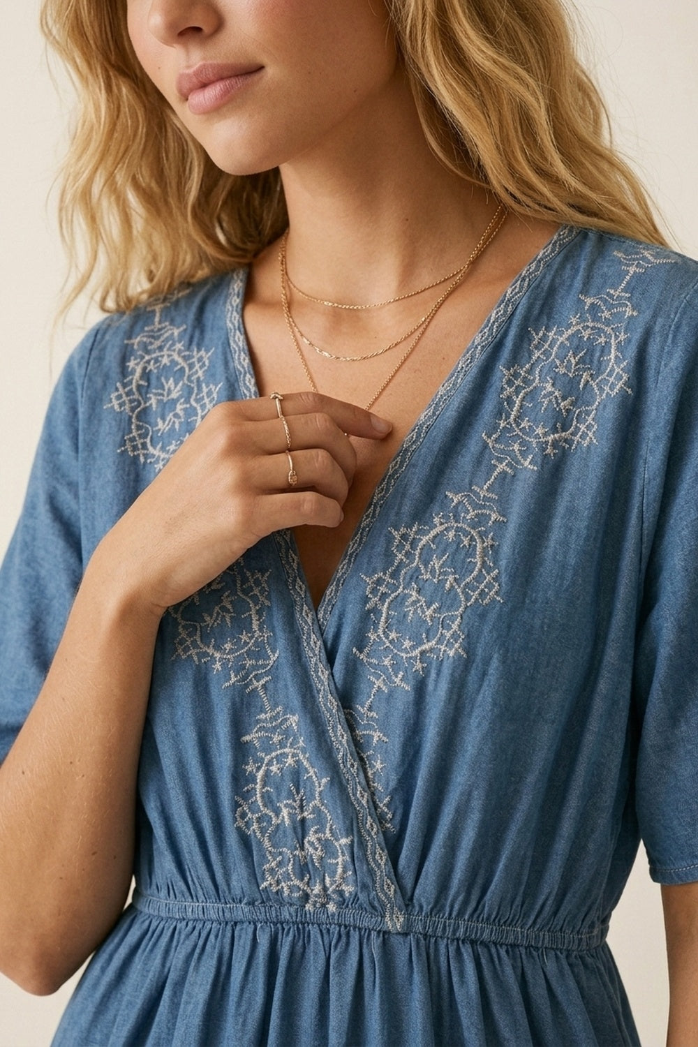 Blue Embroidered Maxi Dress with V-Neckline - dress