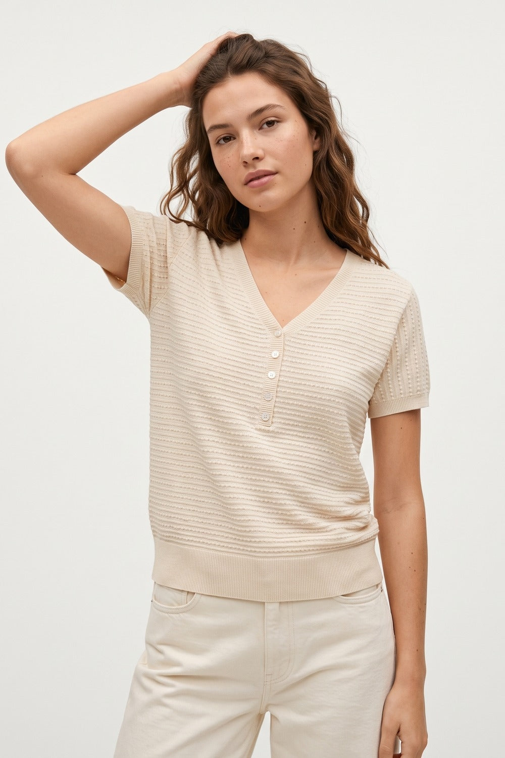 Textured Fine Knit Button Detail Short Sleeve sweater in beige -