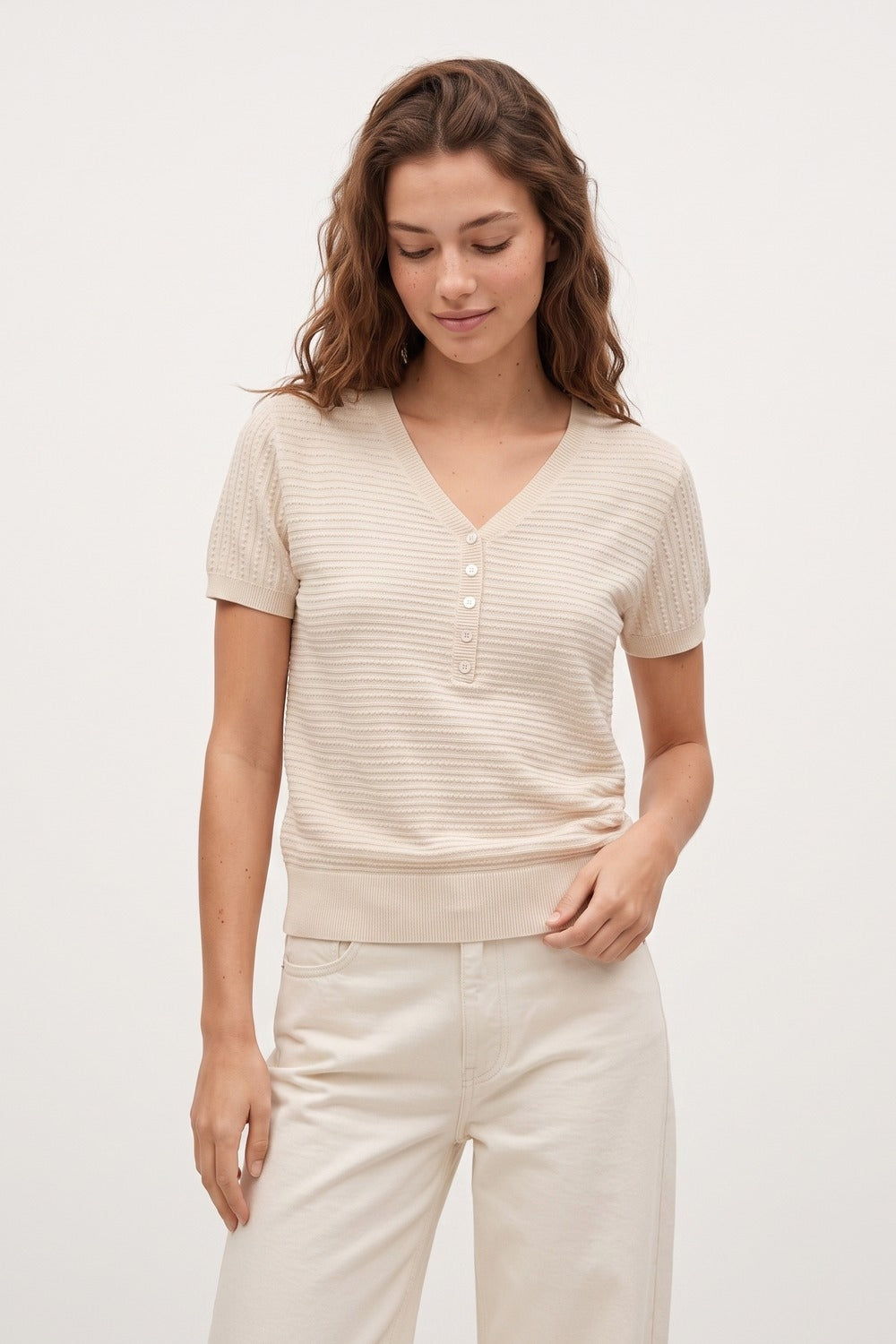 Textured Fine Knit Button Detail Short Sleeve sweater in beige -